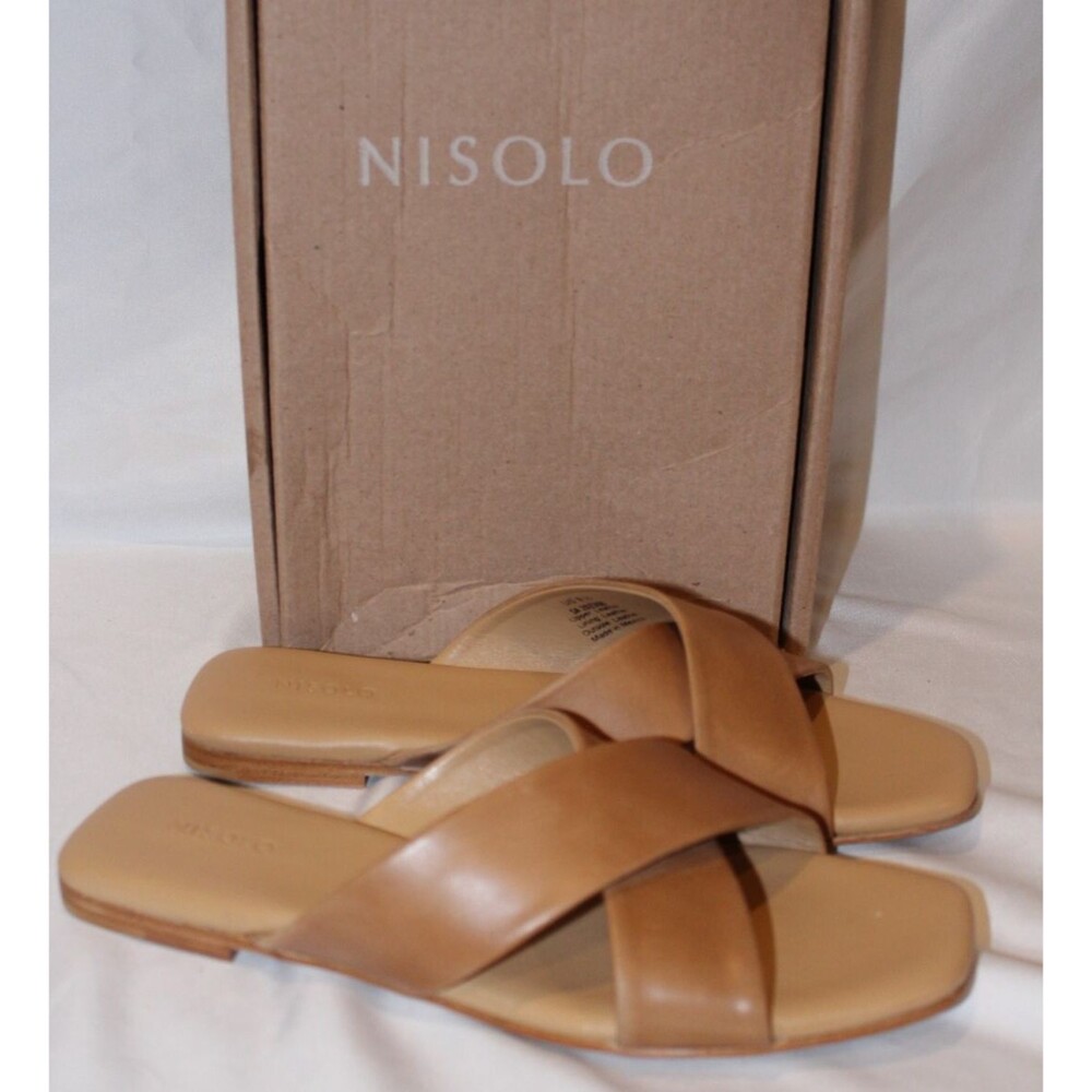 NISOLO CATALINA LEATHER CROSS STRAP FLAT SLIP ON SANDALS ALMOND SZ 8.5 NIB $138